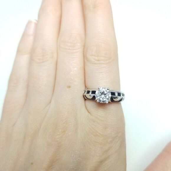 Vintage Rhinestone Solitare Silver Tone Ring with Black Enamel, Unique Design - Picture 1 of 7